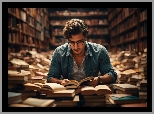 Biblioteka, Książki, 2D, Mężczyzna, Czytający