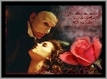 Gerard Butler, róża, napis, maska, Phantom Of The Opera, Emmy Rossum