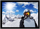 Zima, Snowboarding, Mężczyzna, Promienie słońca, Chmury, Góry, Sport