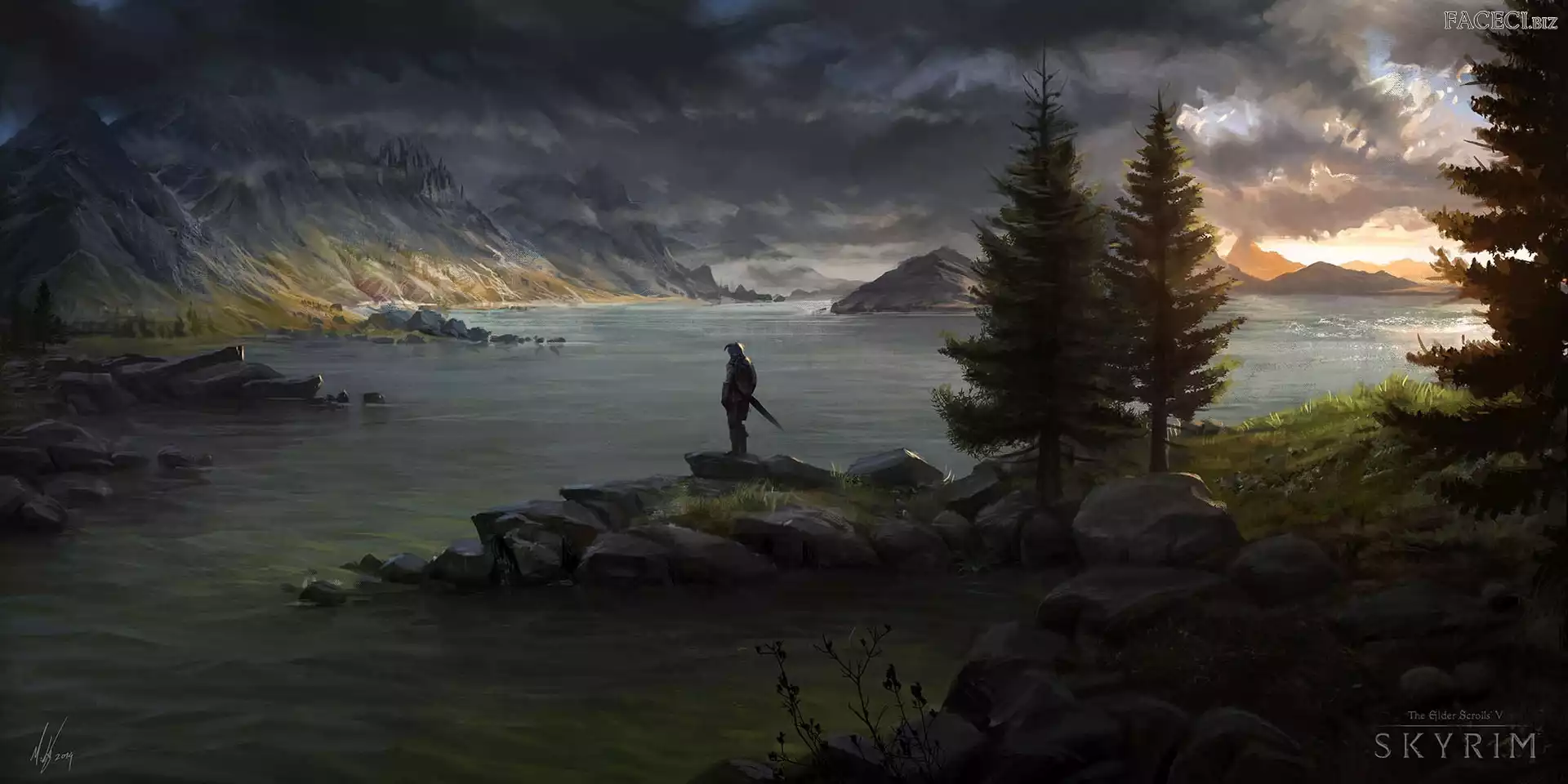 Rycerz, Drzewa, Góry, Skyrim, Morze